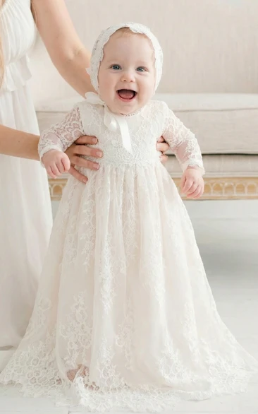 White Long Sleeve Baby Flower Girl Dress Lace Tulle Christening Gown