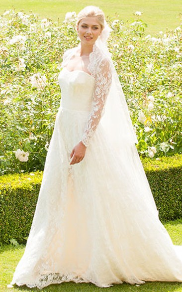 Strapless Floor-Length Long-Sleeve Appliqued Lace Wedding Dress