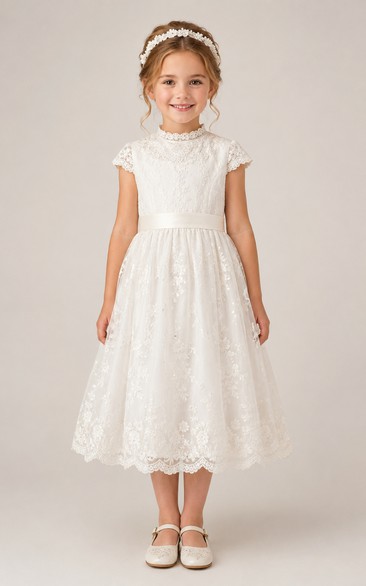 A-line Tea-length Cap Sleeve Tulle Lace Flower Girl Dress with White high-neck lace with scalloped tea-length hem