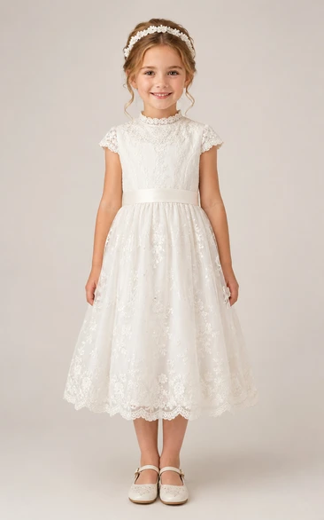 A-line Tea-length Cap Sleeve Tulle Lace Flower Girl Dress with White high-neck lace with scalloped tea-length hem
