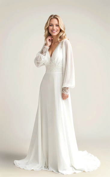 Ethereal Bohemian Chiffon Wedding Dress with Lace Details & Bishop Sleeves