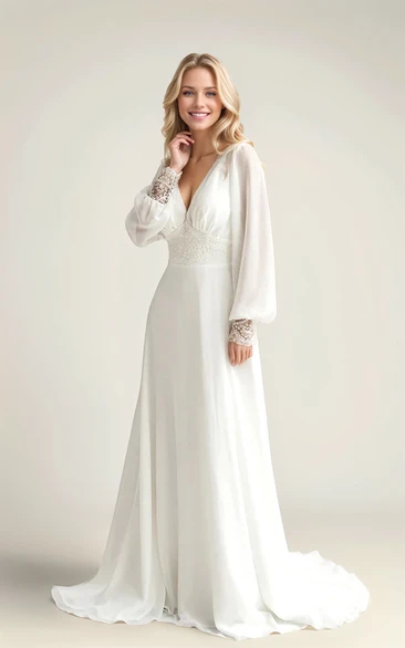 Ethereal Bohemian Chiffon Wedding Dress with Lace Details & Bishop Sleeves