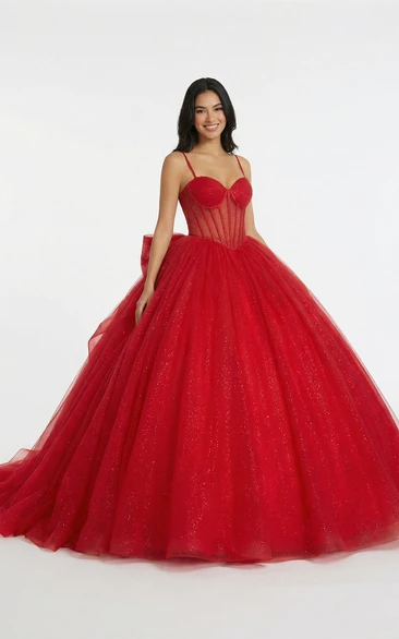 Red Quinceanera Ball Gown with Spaghetti Straps Glitter Tulle Corset Bodice