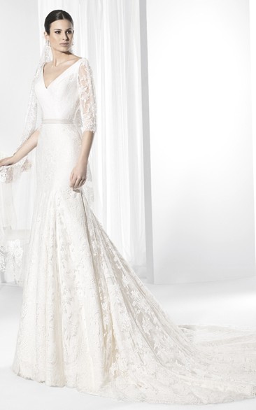 V-Neck Appliqued Half-Sleeve Lace Wedding Dress With Waist Jewellery And Deep-V Back
