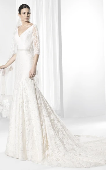 V-Neck Appliqued Half-Sleeve Lace Wedding Dress With Waist Jewellery And Deep-V Back