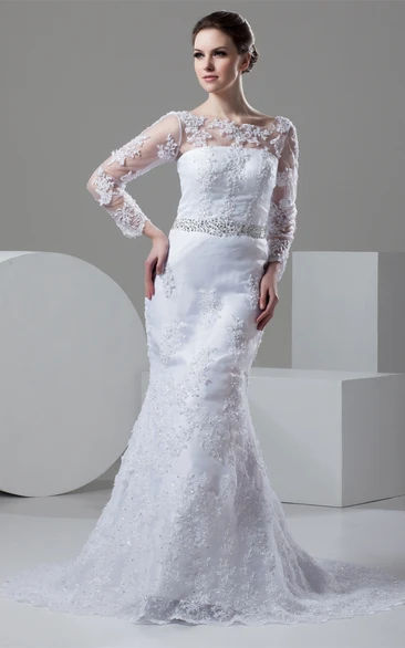 Bateau-Neck Mermaid Lace Long-Sleeve Dress With Illusion