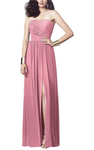 Strapless Ruched Bodice Long Dress with Front Split