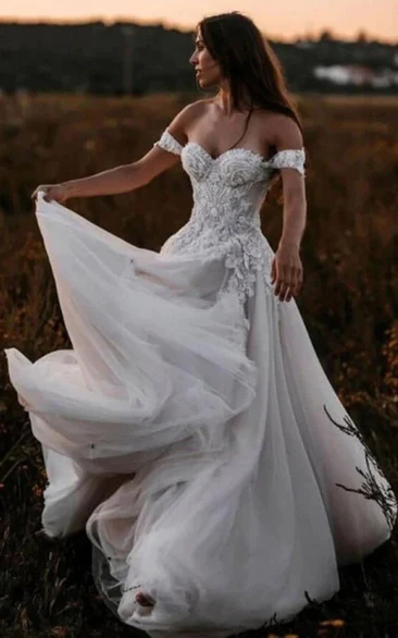 Boho Off-the-shoulder Sweetheart Evening Lace Tulle Country Wedding Dress