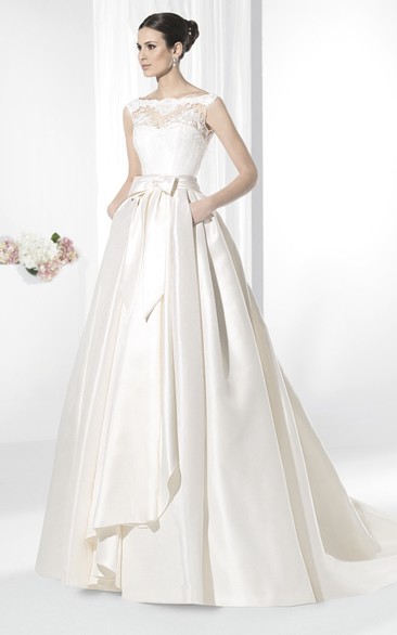 A-Line Lace Bateau-Neck Floor-Length Sleeveless Satin Wedding Dress With Draping And Bow