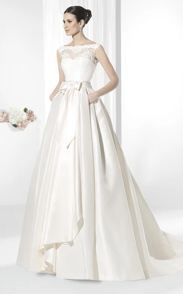 A-Line Lace Bateau-Neck Floor-Length Sleeveless Satin Wedding Dress With Draping And Bow