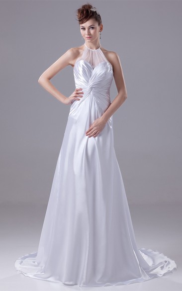 High Neck Illusion Sweetheart A-Line Satin Gown With Court Train