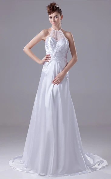 High Neck Illusion Sweetheart A-Line Satin Gown With Court Train