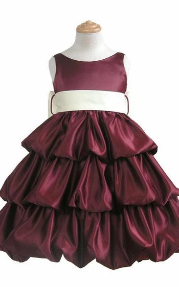 Tiered Sleeveless Satin Flower Girl Dress