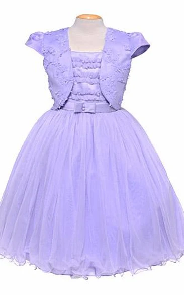 Bolero Short Bowed Tulle&Satin Flower Girl Dress With Embroidery