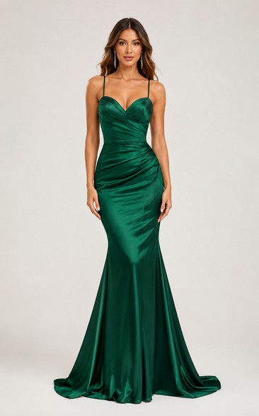 Satin Prom Dress in Dark Green, Spaghetti Strap, Sweetheart Mermaid Sweep Train Gown with Drape and Ruching