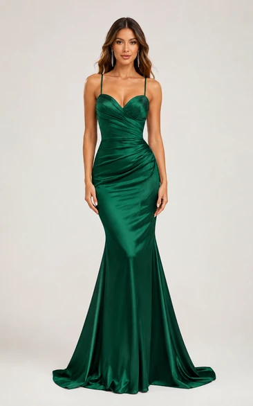 Satin Prom Dress in Dark Green, Spaghetti Strap, Sweetheart Mermaid Sweep Train Gown with Drape and Ruching