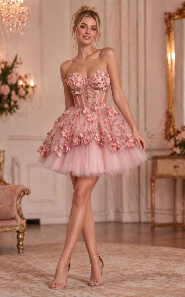 Rosa besticktes Ballkleid-Minikleid