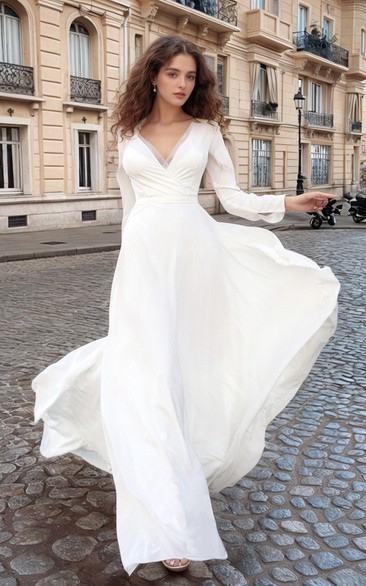 White Prom Dress With Long Illusion Sleeve | Long Sleeved White Formal  Dresses - Dorris Wedding