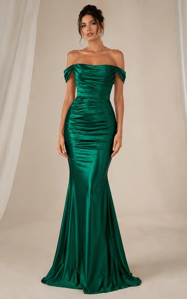 Mermaid Satin Evening Dress with Off-the-shoulder, Sleeveless and Ruching, Floor Length