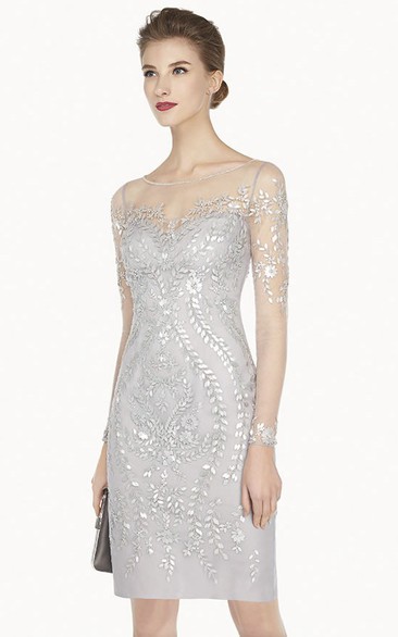 Illusion Jewel Neck Long Sleeve Sheath Short Prom Dress With Sequined Leaves