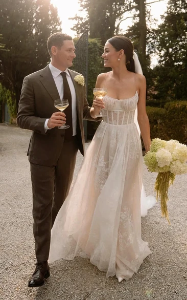 Modern Corset-Style A-Line Wedding Dress with Lace Overlay