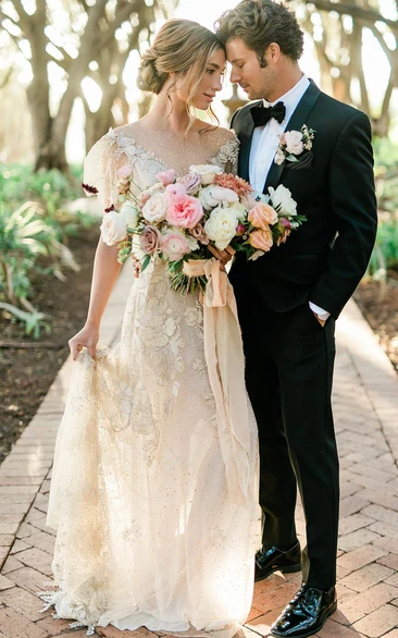 Champagne Bateau-neck Poet-sleeve Sheath Applique Tulle Backless Empire Wedding Dress