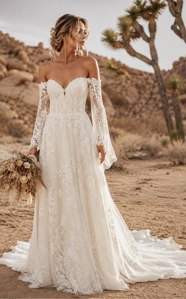 Off-the-Shoulder Boho Wedding Dress with Long Lace Sleeves, Sweetheart Bodice & A-Line Train