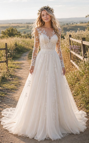 Illusion Long Sleeve A-Line Country Wedding Dress with Lace Bodice and Train