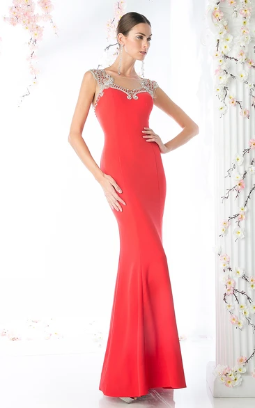 Pencil Floor-Length Bateau Sleeveless Jersey Illusion Dress With Beading