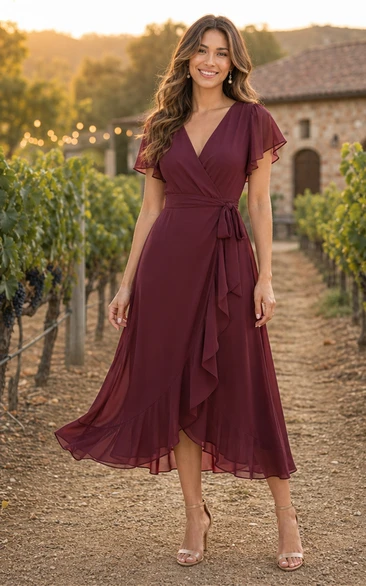 Burgundy V-neck Chiffon Ruffle Wrap Midi Dress