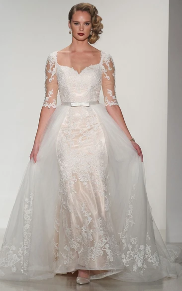 Ball Gown Square-Neck Half-Sleeve Lace Wedding Dress With Keyhole