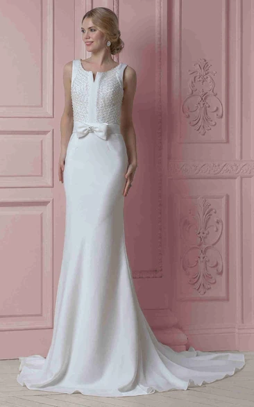 Sheath Sleeveless Scoop-Neck Beaded Long Satin Wedding Dress With Bow