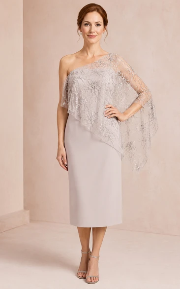 Taupe One Shoulder Knee Length Mother Dress Embroidered Cape Overlay for Mother and Formal Events