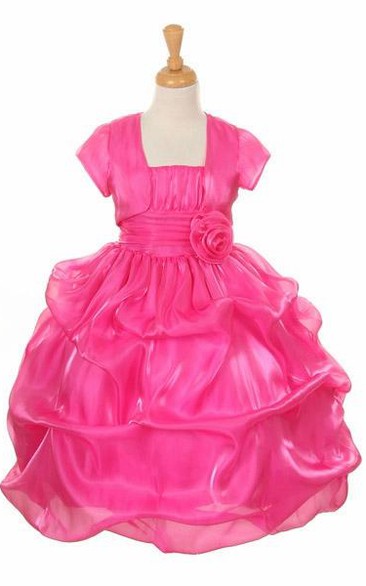 Spaghetti Tea-Length Bolero Ruched Organza&Satin Flower Girl Dress With Pick Up