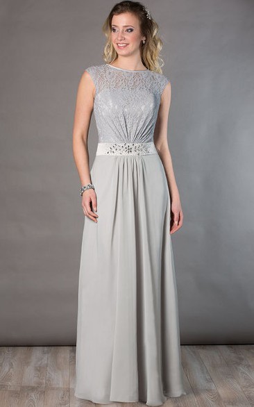 Jewel Neck Cap Sleeve Lace Top Chiffon Long Mother Of The Bride Dress With Crystal Waist