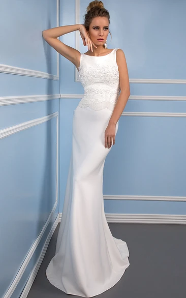 Sheath Scoop Long Appliqued Sleeveless Satin Wedding Dress With Keyhole Back And Brush Train