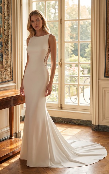 Minimalist Bateau Neck Crepe Mermaid Wedding Dress with Lace Side Panels and Train