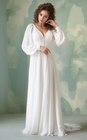 Chiffon Puffy Long Sleeve Plus Size Empire Church Wedding Dress