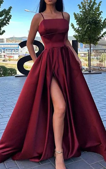 Spaghetti A-line Sleeveless Burgundy Empire A-line Prom Dress