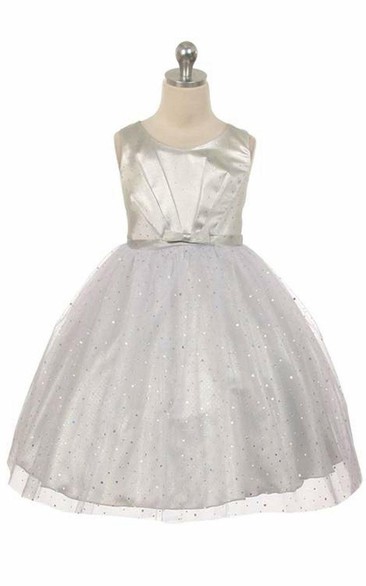 Tea-Length V-Neck Pleated Tulle&Sequins Flower Girl Dress With Tiers