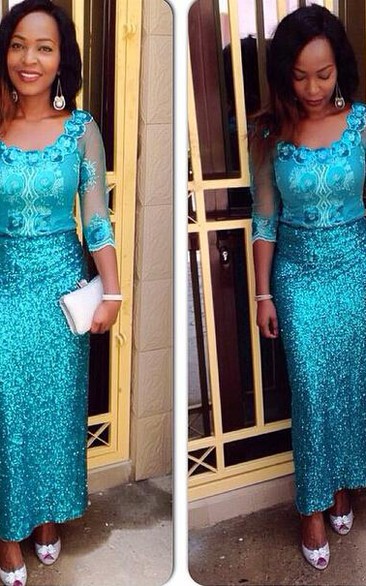Glamorous Sequins Half Sleeve Evening Dress Floor Length