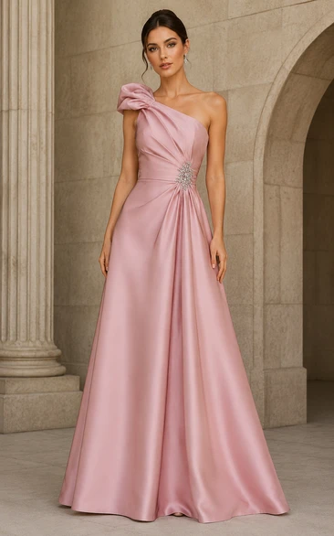 Satin Evening Dress in Dusty Rose, One-Shoulder A-Line Floor-Length Gown with Crystal Brooch and Drape