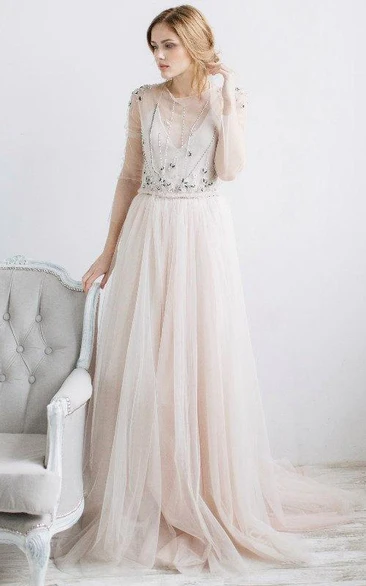 A-Line Tulle Half Sleeve Dress With Beading And Keyhole Back