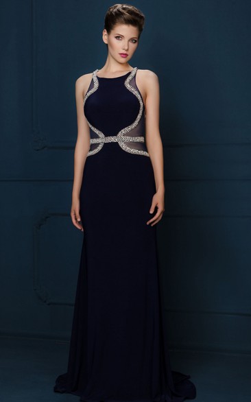 Sleeveless Beaded Scoop Neck Chiffon Evening Dress With Brush Train