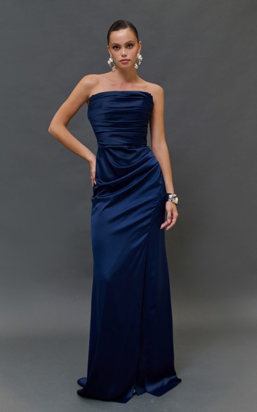 Strapless Ruched Dark Navy Sheath Floor-length Dress