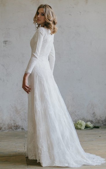 Elegant Lace Scoop Neckline 3/4 Sleeve Modest Wedding Dress - Dorris ...