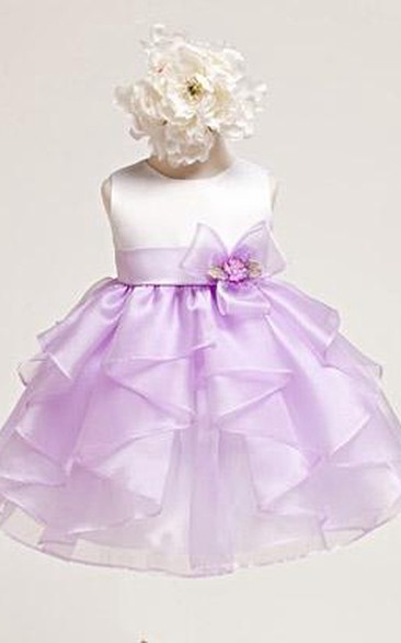 Tea-Length Tiered Organza&Satin Flower Girl Dress