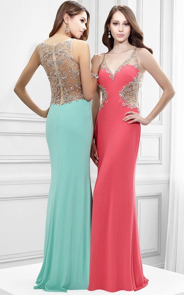 Sheath Maxi Sleeveless V-Neck Crystal Jersey Prom Dress