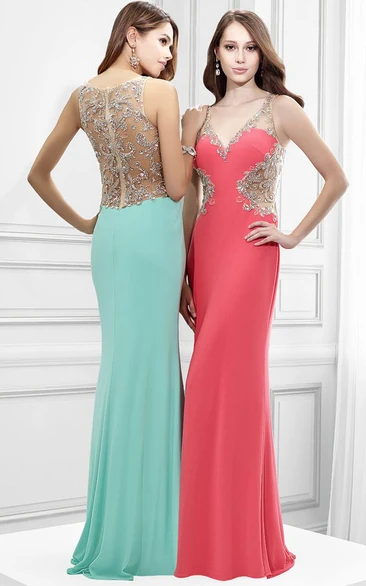 Sheath Maxi Sleeveless V-Neck Crystal Jersey Prom Dress