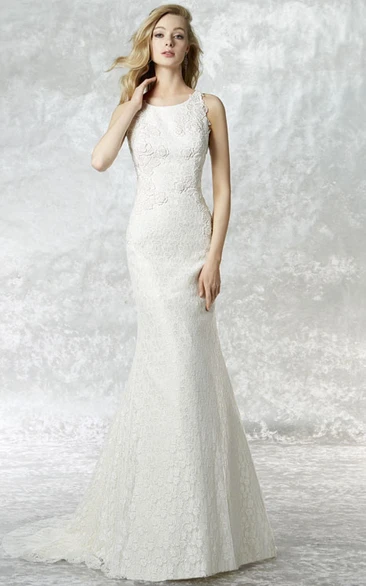 Scoop Long Lace Wedding Dress With Illusion